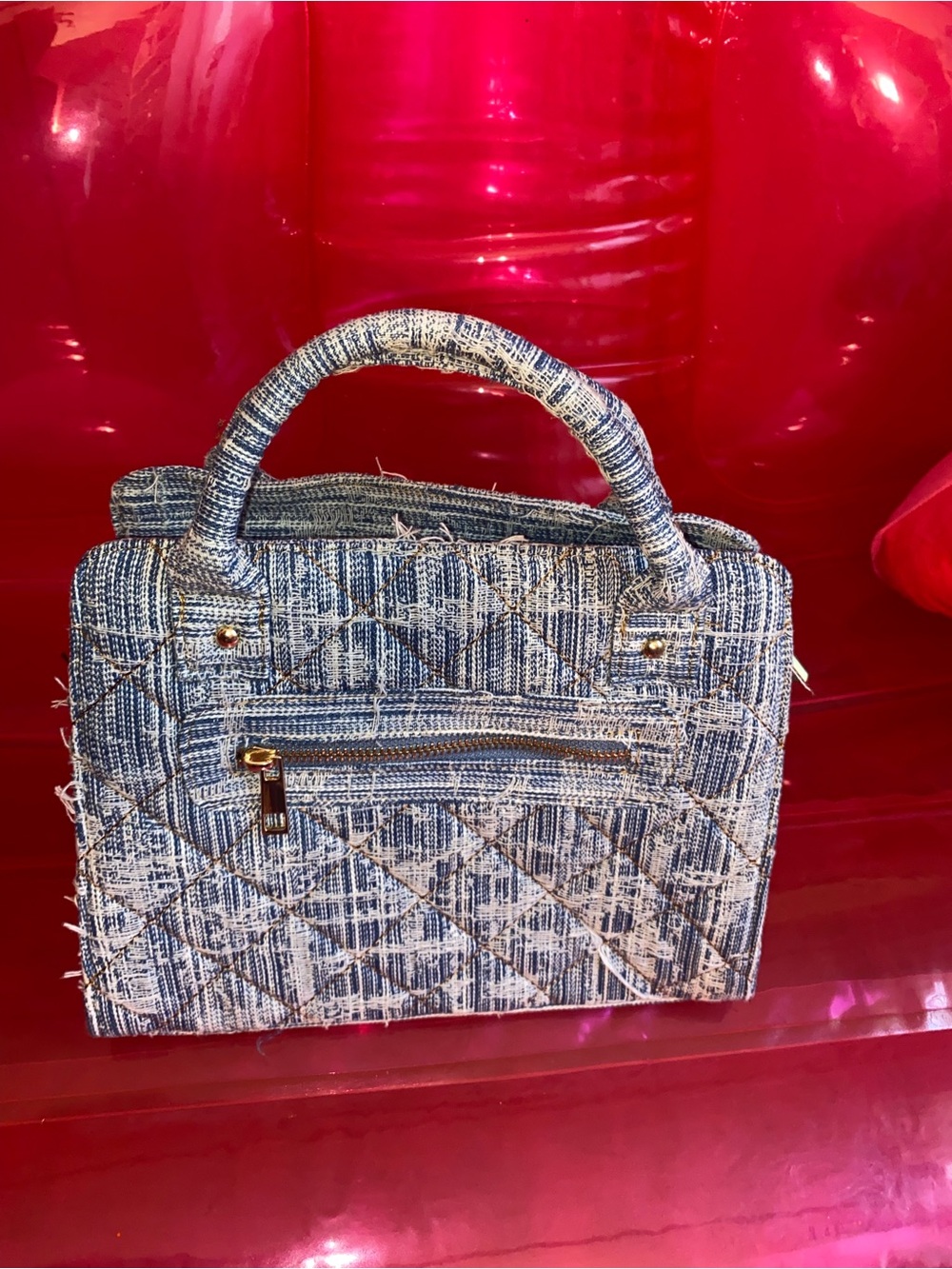 Woven Textured Top-Handle Bag in Blue and White